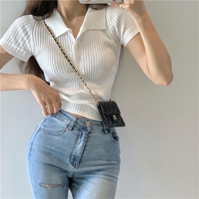 Áo thun polo len dệt kim nữ tay ngắn cổ đức phong cách Hàn Quốc trẻ trung