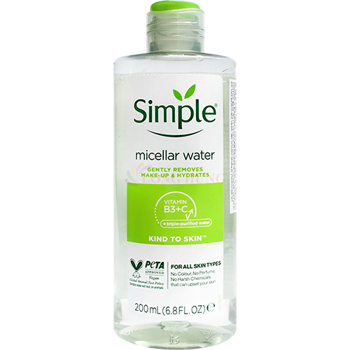 Nước tẩy trang Simple Micellar Water Gently Removes Make-up &amp; Hydrates làm sạch và cấp ẩm cho da (200ml) - Hàng chính hãng