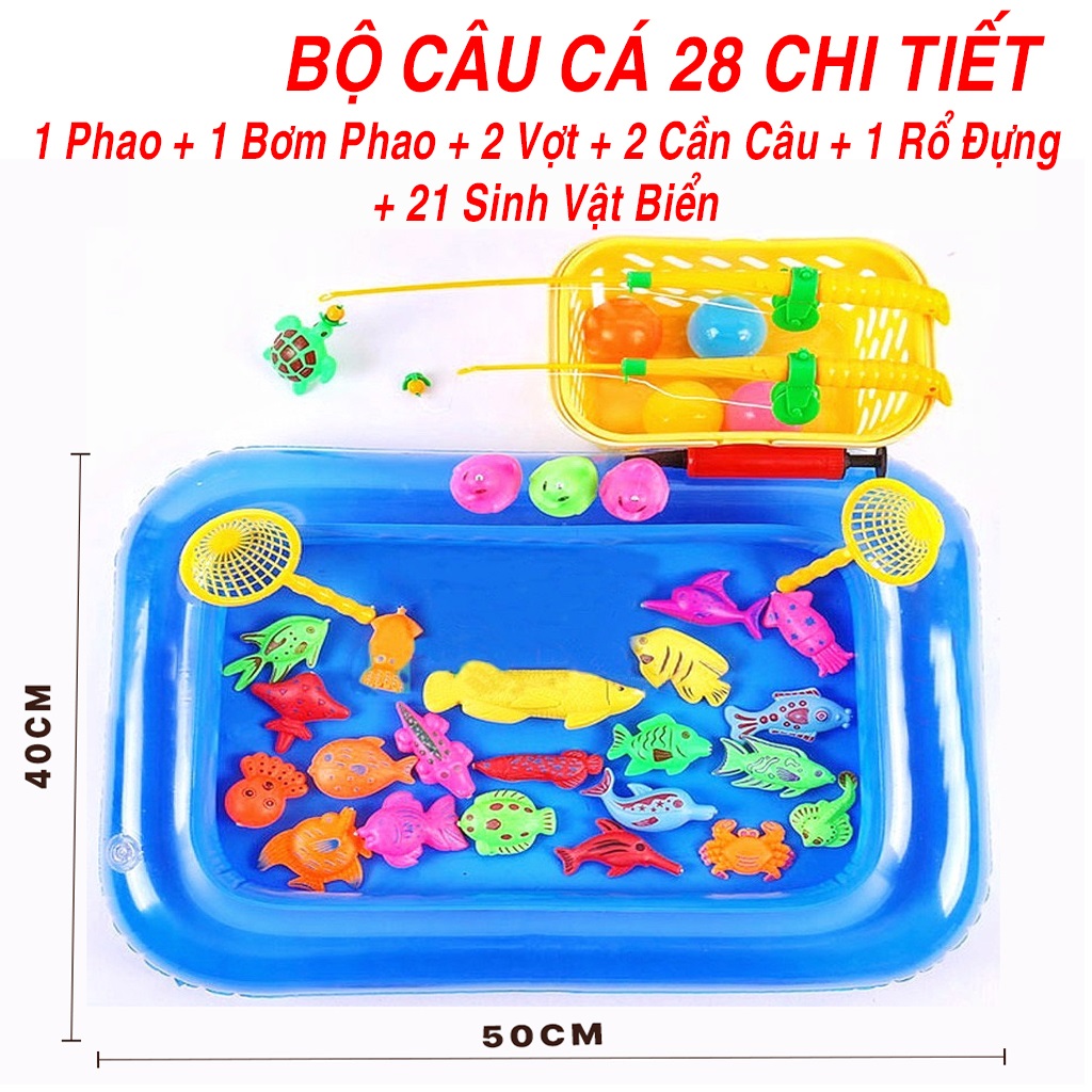 Đồ Chơi Câu Cá Cho Bé Nam Châm 28 Chi Tiết Có Bể Phao Tặng Kèm Đồ Bơm Tay - Bộ Câu Cá Cho Bé Trò Chơi Giải Trí