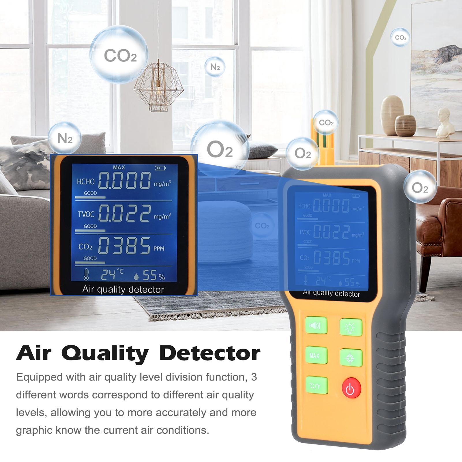Household Air Quality Detector Multifunctional T/H Sensors CO2 Tester LCD Display with Backlit Carbon Dioxide TVOC HCHO Value Temperature Humidity Detect Self-calibration with Alarm Function