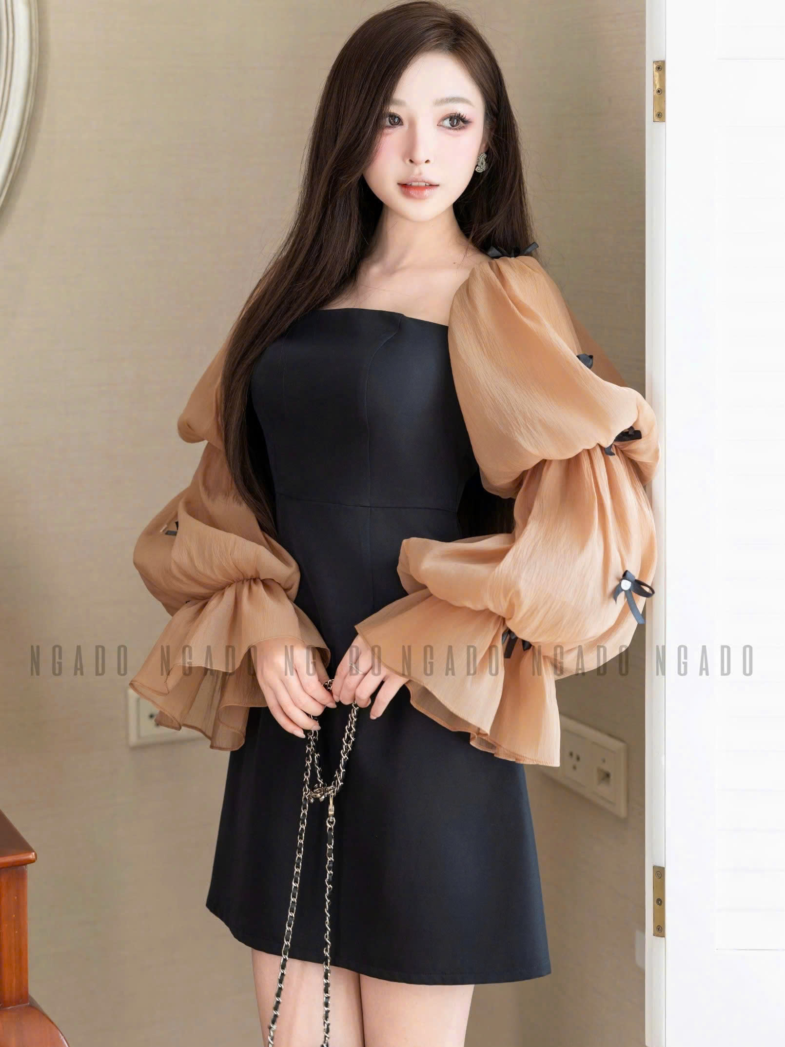 Đầm đen tay voan phồng NGADO , đầm dự tiệc , đầm dạo phố