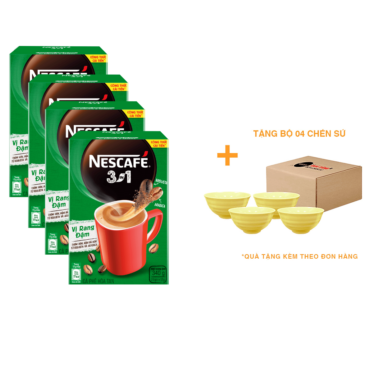 Combo 4 hộp NESCAFÉ 3IN1 Công thức cải tiến - Vị rang đậm  - Hộp 20 gói x 16g - [Tặng bộ 4 chén sứ Nescafé]