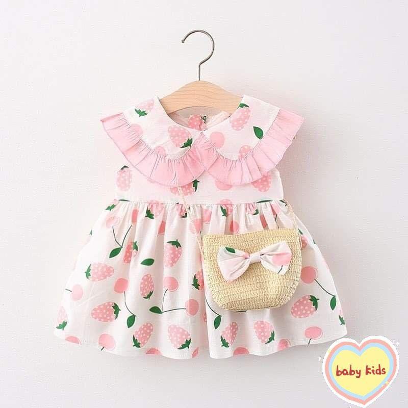Váy đũi dâu tây kèm túi cói cho bé gái 10 - 24kg