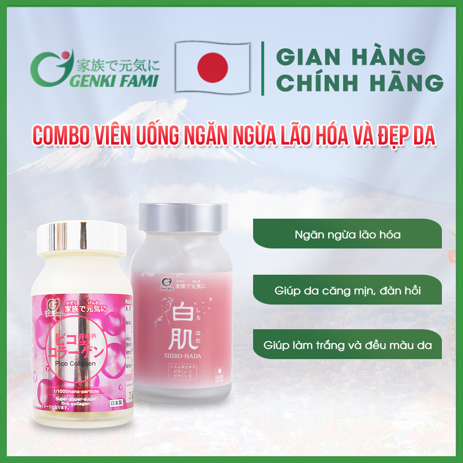 Combo Viên Uống Ngăn Ngừa Lão Hóa Pico Collagen và Trắng Da Từ Thiên Nhiên Shiro Hada Genki Fami Nhật Bản