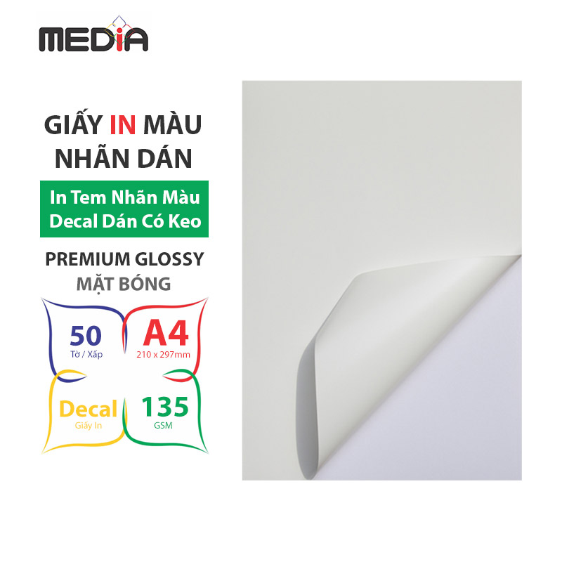 Giấy In Nhãn Dán (Decal) Media 1 Mặt Bóng A4 135gsm 50 Tờ - Hàng chính hãng