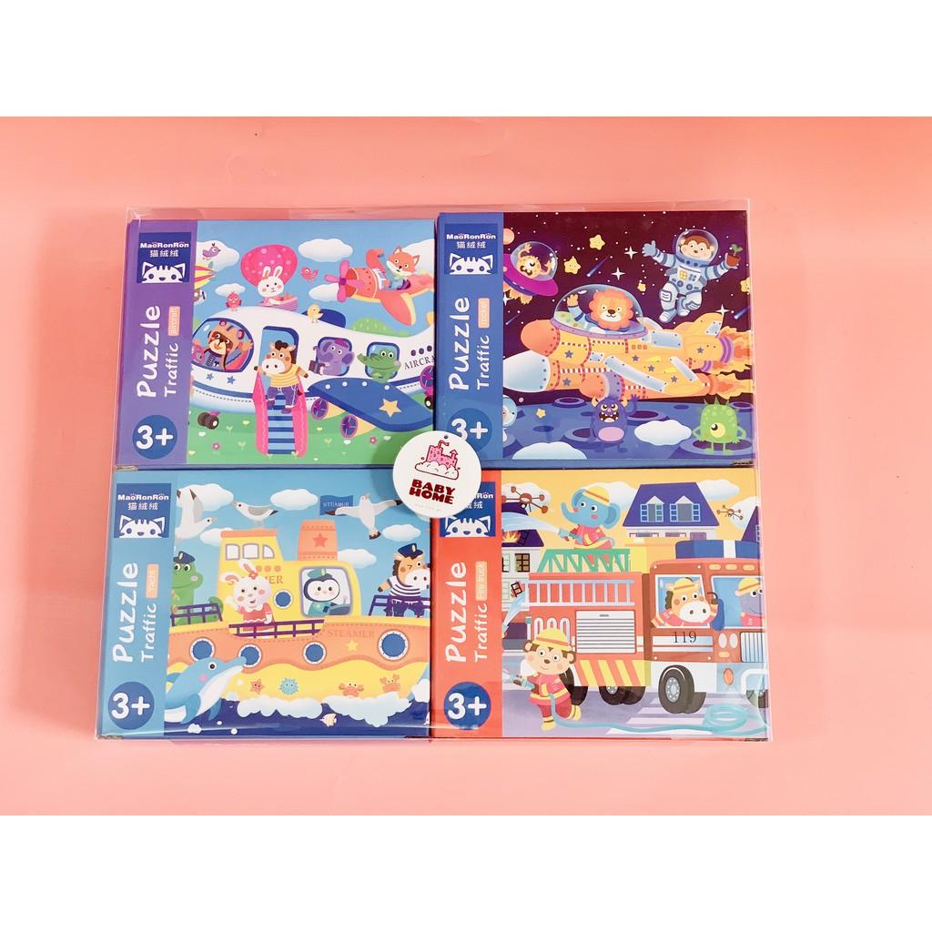 Bộ xếp hình gỗ 4 trong 1 puzzle 4 cấp độ 12-16-24-32 Miếng chủ đề giao thông, bốn mùa, khủng long