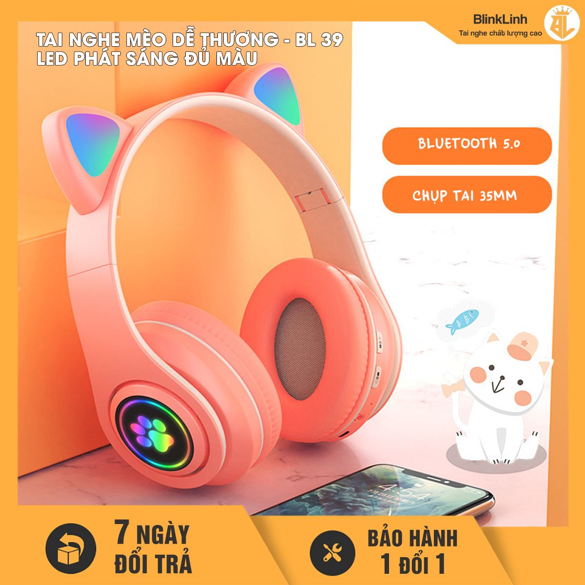 Tai Nghe Mèo dễ thương Mã BL39, Bluetooth 5.0, Tai nghe chụp tai lớn 35mm, Có Đèn LED Chuyển Màu, Chụp Tai Bọc Da Êm Ái, có Khe Cắm Thẻ Nhớ, Tặng Jack 3.5