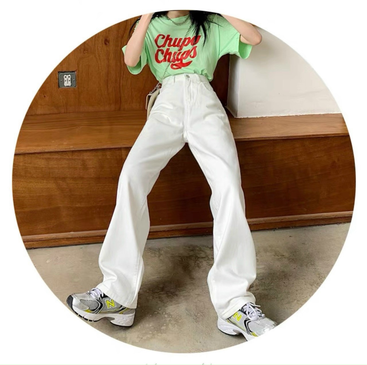 Quần Baggy Jeans  DEL Ống Suông Cạp Cao Rách Đùi Nữ  - TRẮNG - XL
