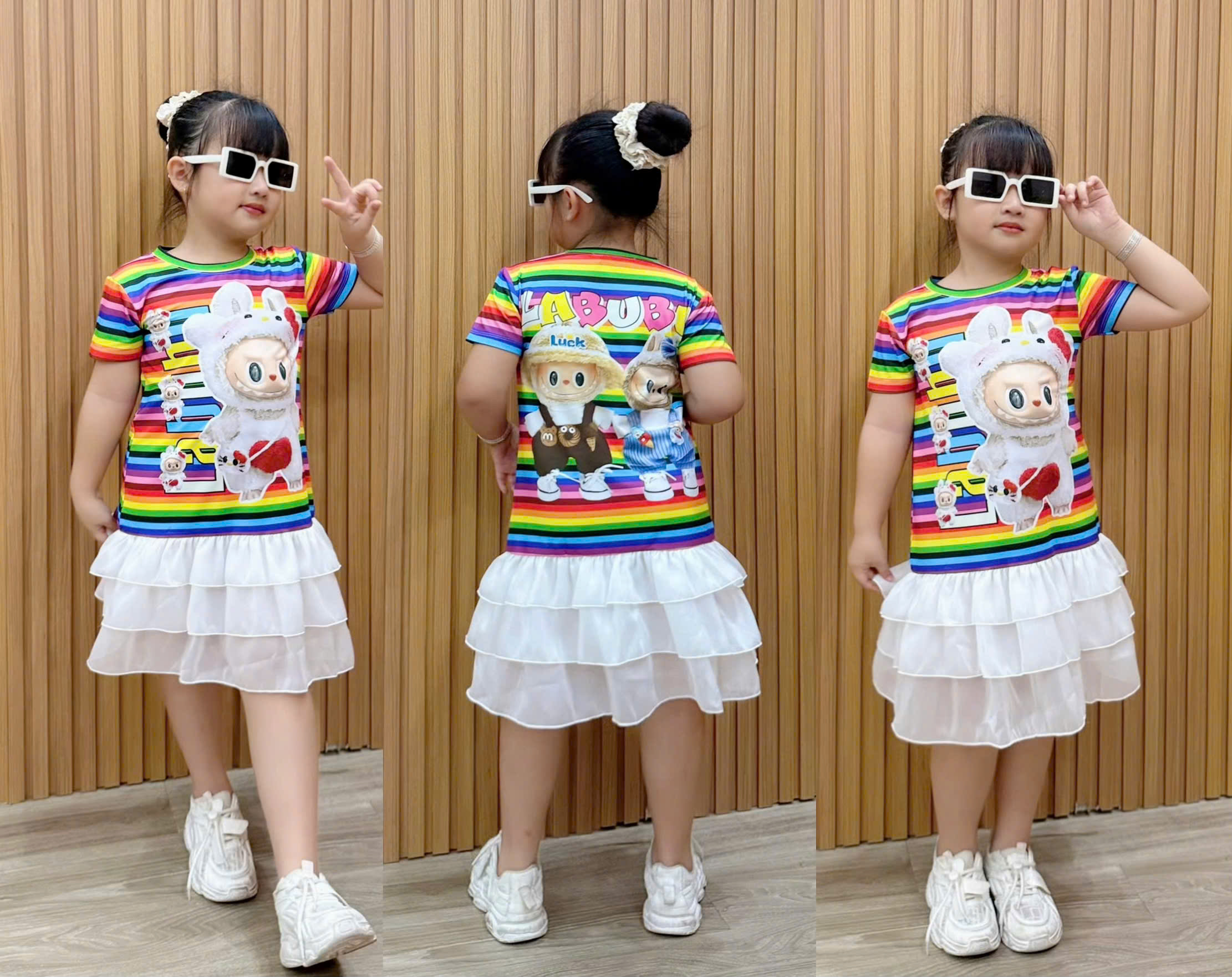 Đầm váy suông cho bé gái diện tết labubu baby three capybara size 12-45kg chất thun lạnh mềm mát