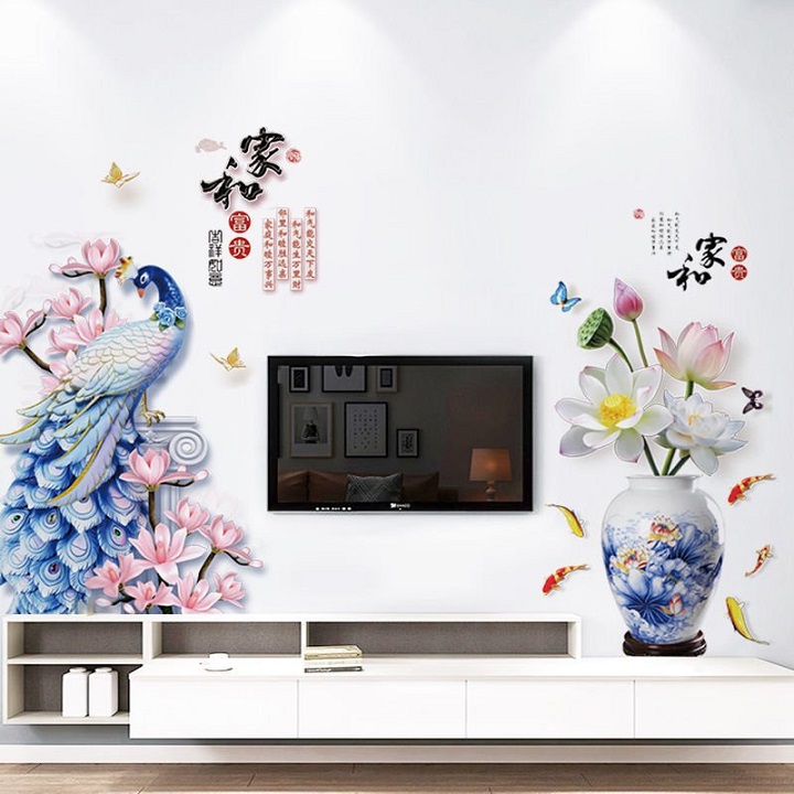 Decal dán tường 3D combo chim công và bình sen xanh sang trọng