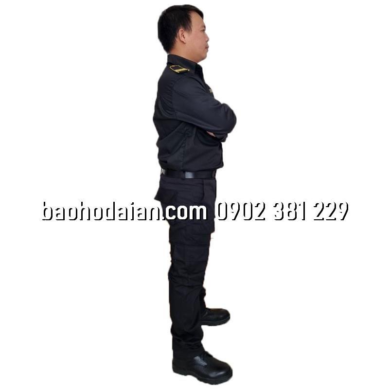Quần áo vệ sĩ màu đen dài tay cầu vai 3 gạch viền vàng (logo tay ngực)