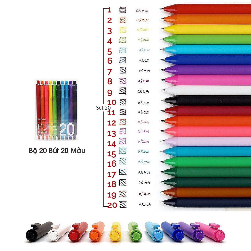 Bút bi gel Lẻ Trong Bộ 20 Màu - Ngòi 0.5mm (Giao đơn từ 80k)