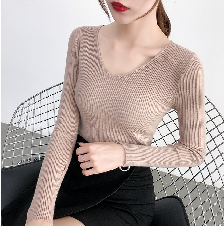 Áo len gân cổ tim đơn giản nhiều màu al56