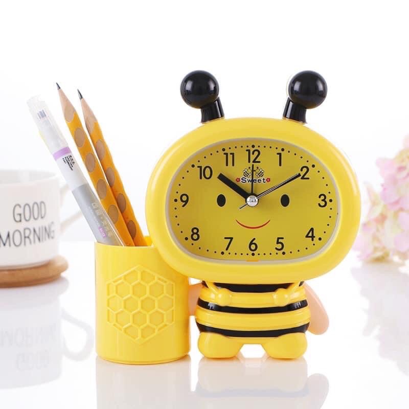 Đồng hồ bàn điện tử hình chú ong chăm chỉ, Đồng hồ báo thức chị ong dễ thương kèm ống đựng bút