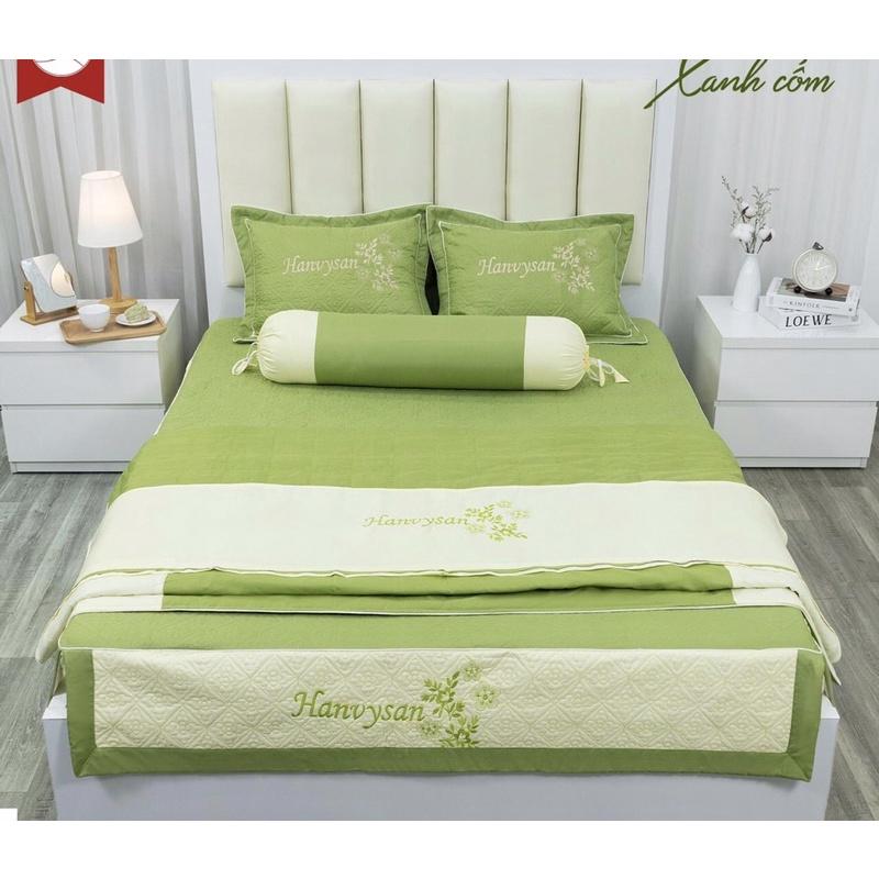 Set 3 món ga phủ và 2 vỏ gối cotton satin trần bông hàng màu thêu siêu đẹp