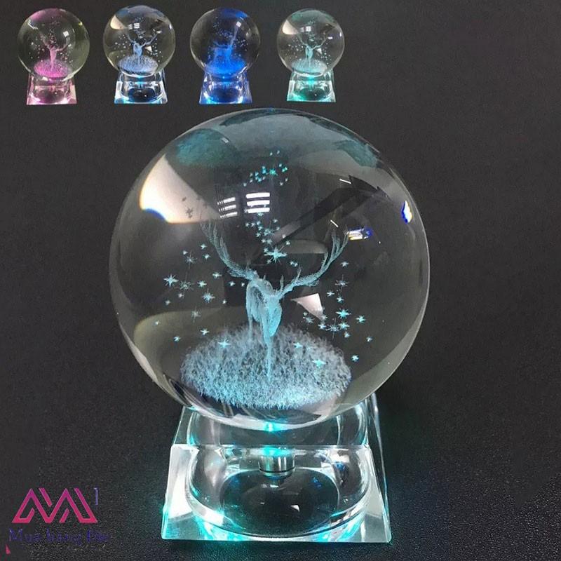 Bộ Quà Tặng Quả Cầu Pha Lê Danledion Khắc Laser 3D LED Chú Hươu