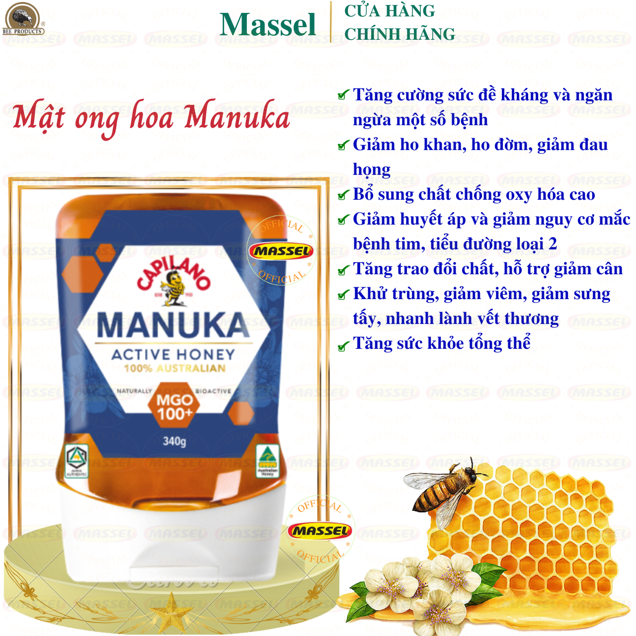 Mật ong hoa Manuka Capilano Active Honey MGO 100+ tăng sức đề kháng, giảm ho, viên họng, dưỡng ẩm da và môi cang mềm mịn - Massel Official