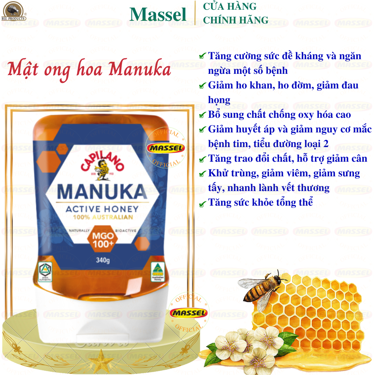 Mật ong hoa Manuka Capilano Active Honey MGO 100+ tăng sức đề kháng, giảm ho, viên họng, dưỡng ẩm da và môi cang mềm mịn (340g) - Massel Official