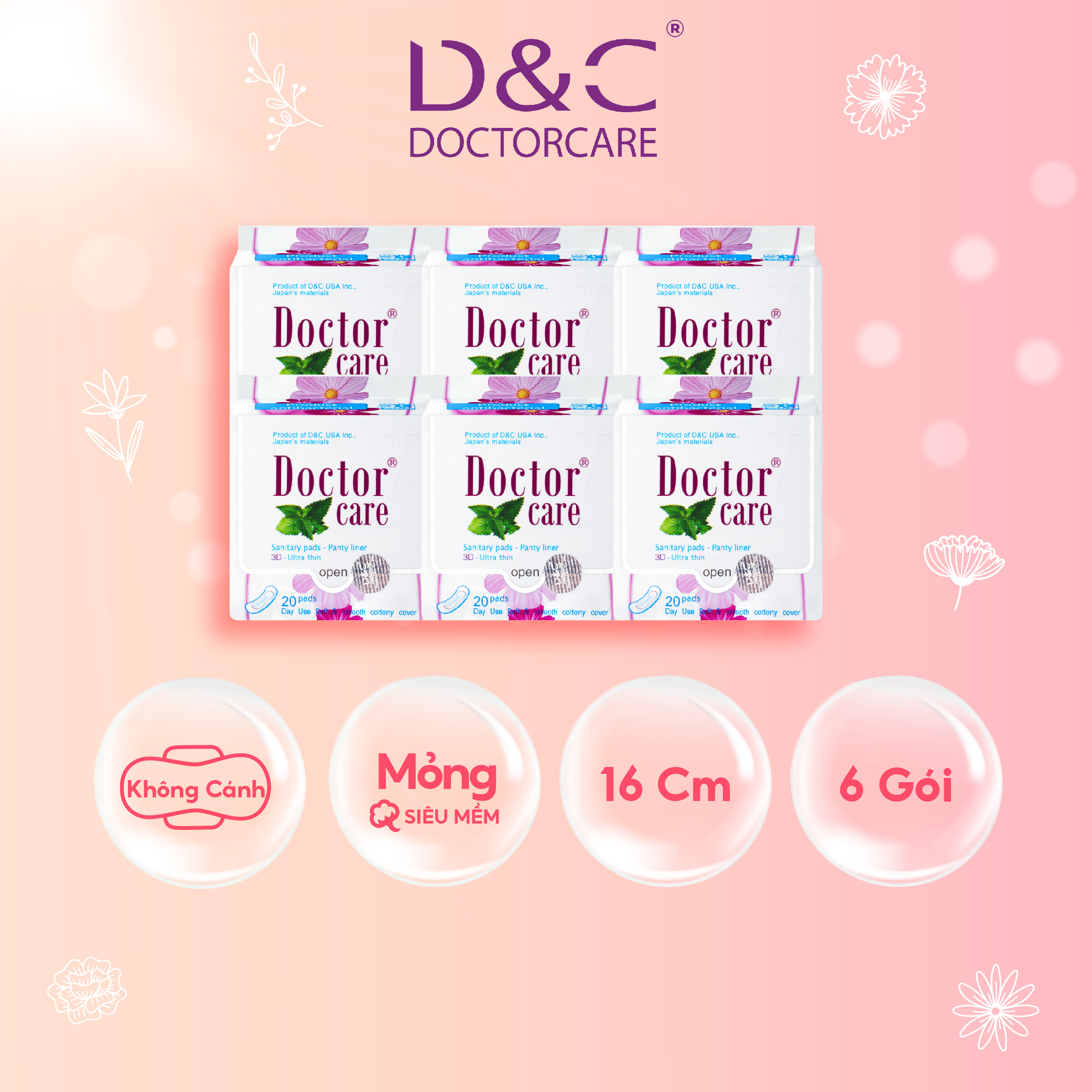 Combo 6 Băng vệ sinh hàng ngày thảo dược Doctor Care 16 cm siêu khô thoáng cả ngày dài