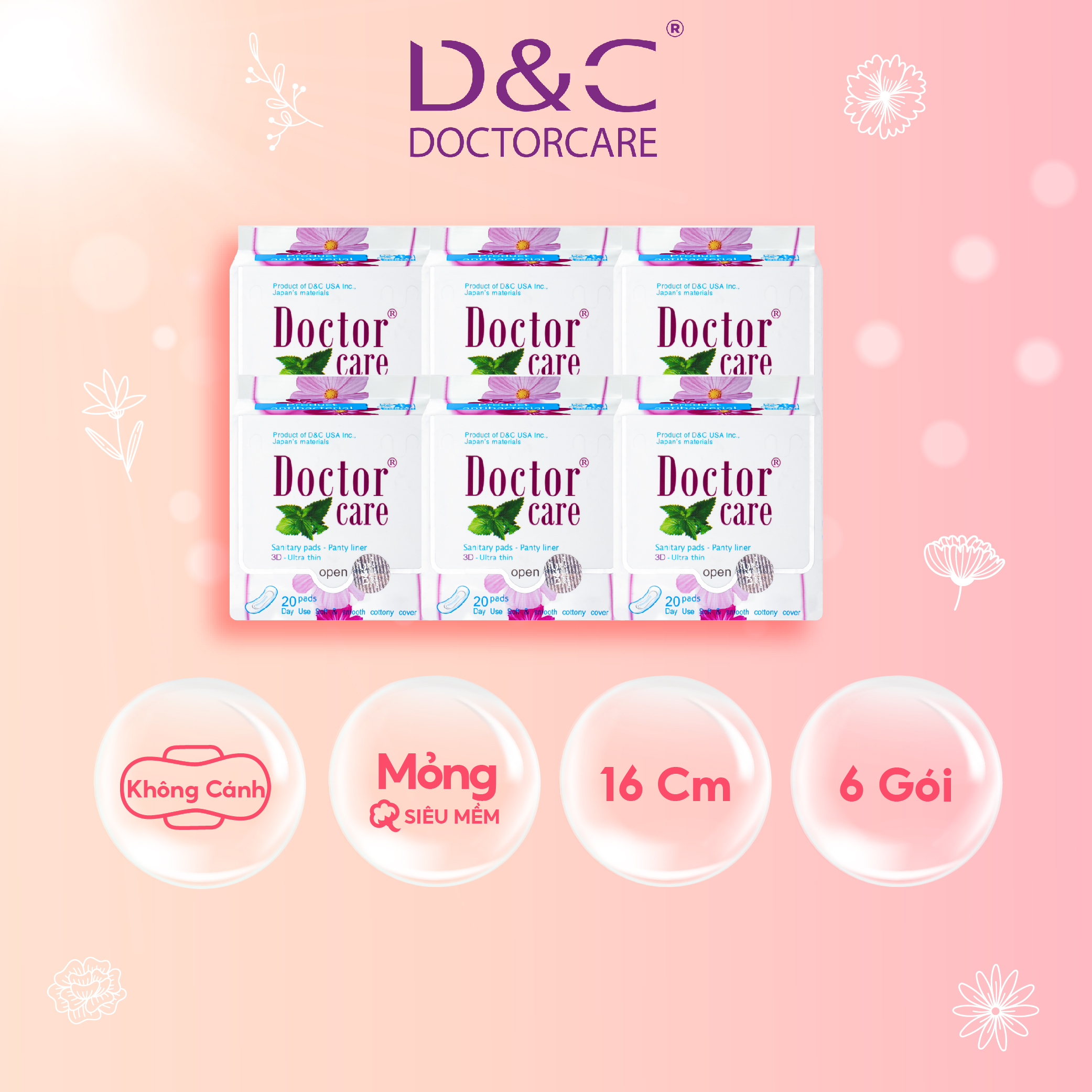 Combo 6 Băng vệ sinh hàng ngày  thảo dược Doctor Care 16 cm siêu khô thoáng cả ngày dài