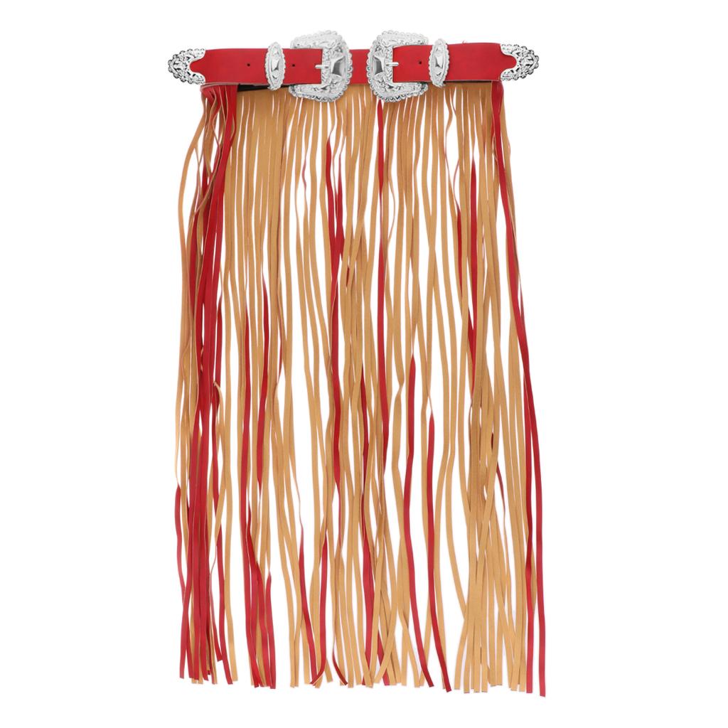 Fashion Women PU Leather Fringe Dress Punk Style Belt Buckle Long Tassel Skirt