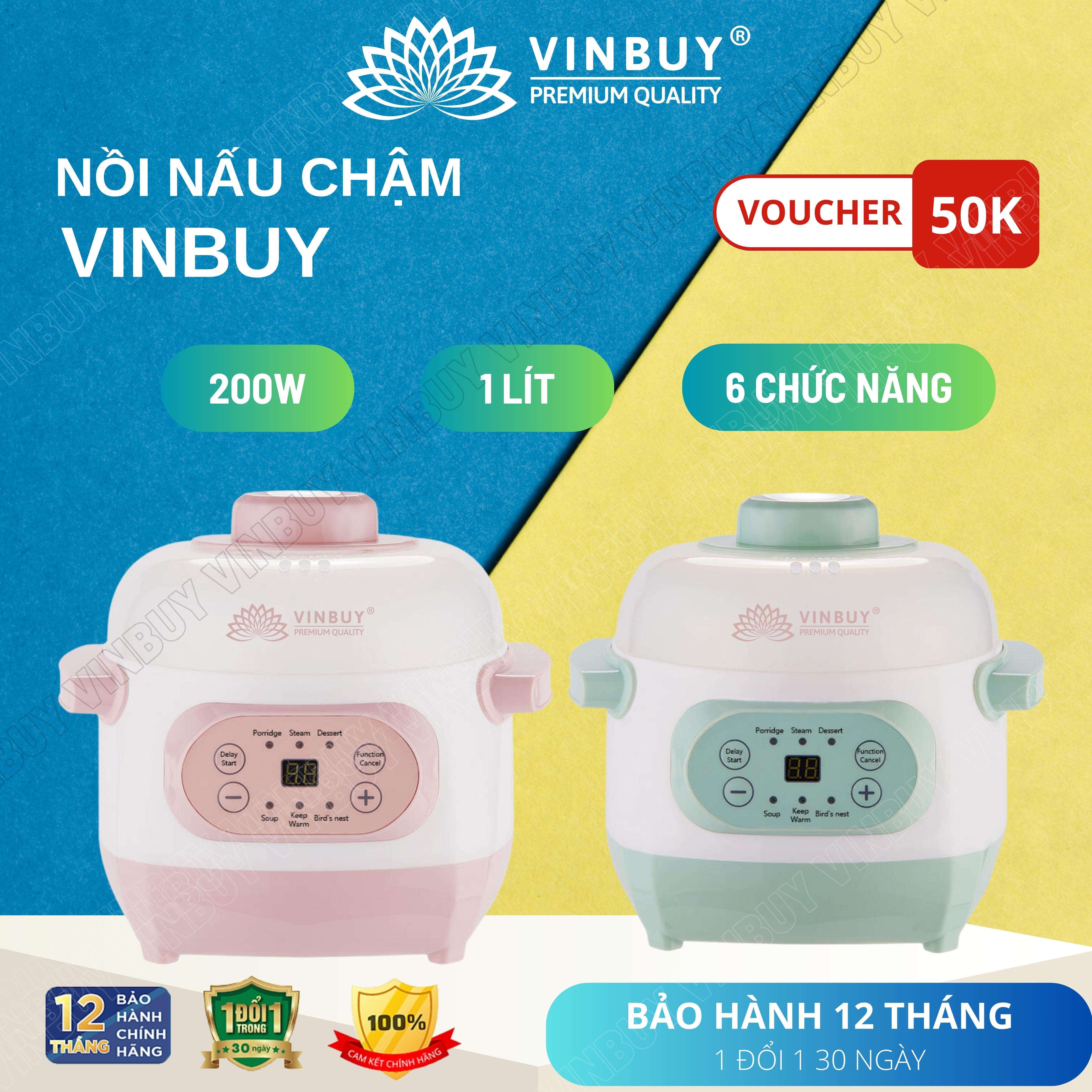 Nồi chưng yến, nồi nấu chậm, nồi tiềm thuốc bắc, nồi nấu cháo cho bé giữ trọn chất dinh dưỡng, dung tích 1 lít, công suất 200W - Hàng chính hãng VINBUY