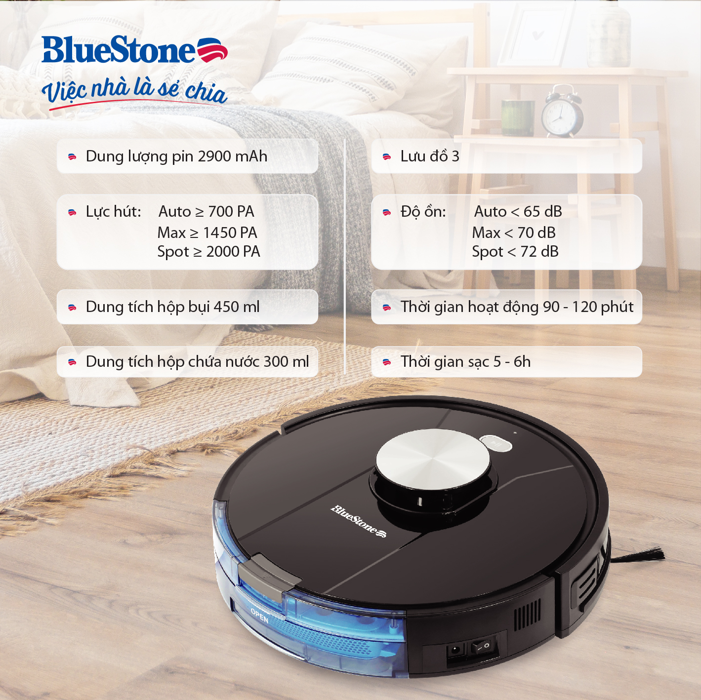Robot Hút Bụi Lau Nhà BlueStone RVB-9731 - Lực hút: 2000Pa - Bảo hành 24 tháng - Hàng chính hãng