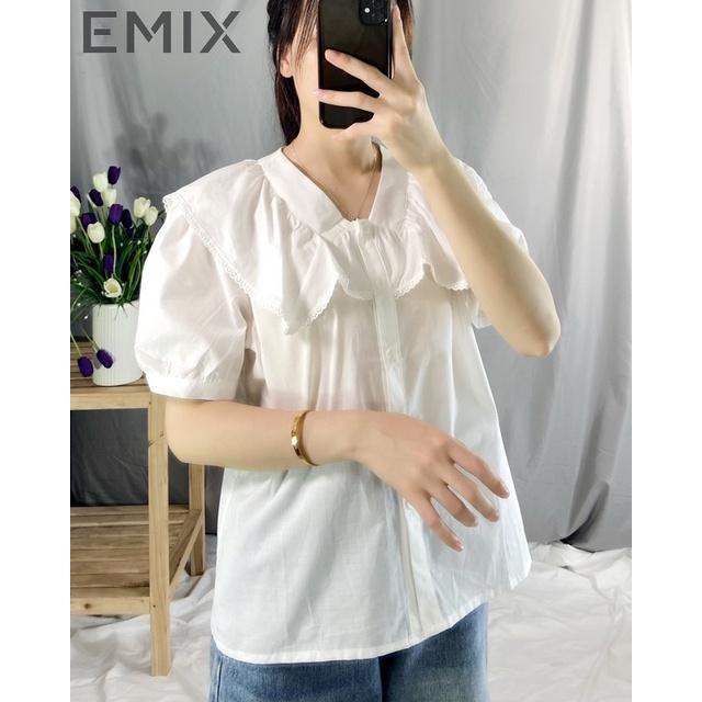 Áo sơ mi nữ họa tiết EMIX (màu trắng), ulzzang, dáng dài, form rộng, cổ V, cộc tay, tay bồng, vải lụa thô, không lộ