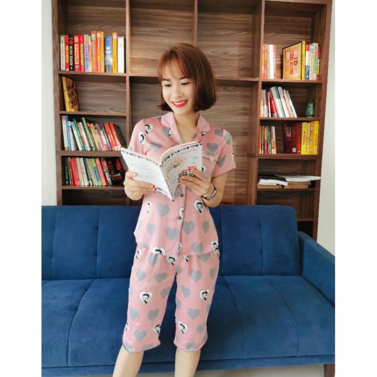 Freeship Bộ mặc nhà nữ tim hồng, bộ pijama lụa satin cao cấp, hàng thiết kế quần lửng, quần đùi có size nhiều màu