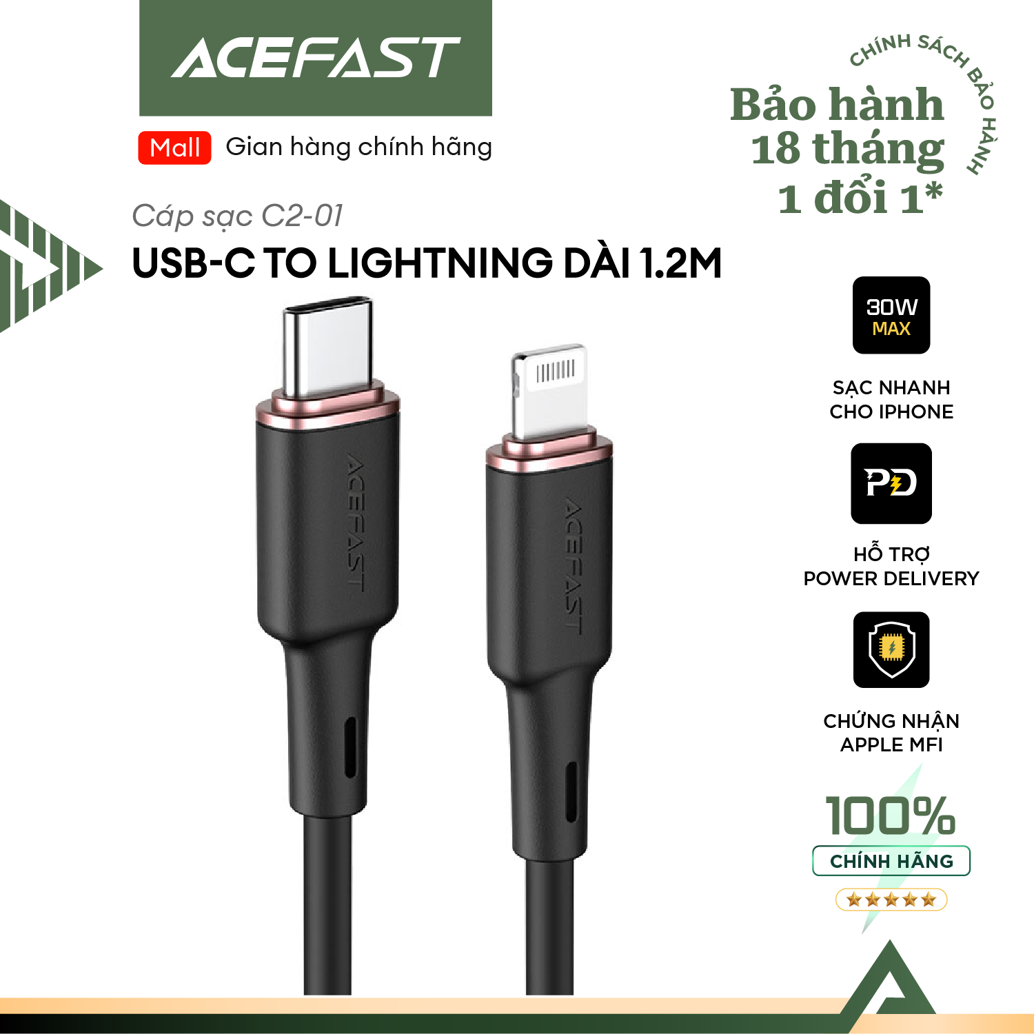 Cáp Acefast USB-C to Light.ning MFI (1.2m) - C2-01 Hàng chính hãng Acefast