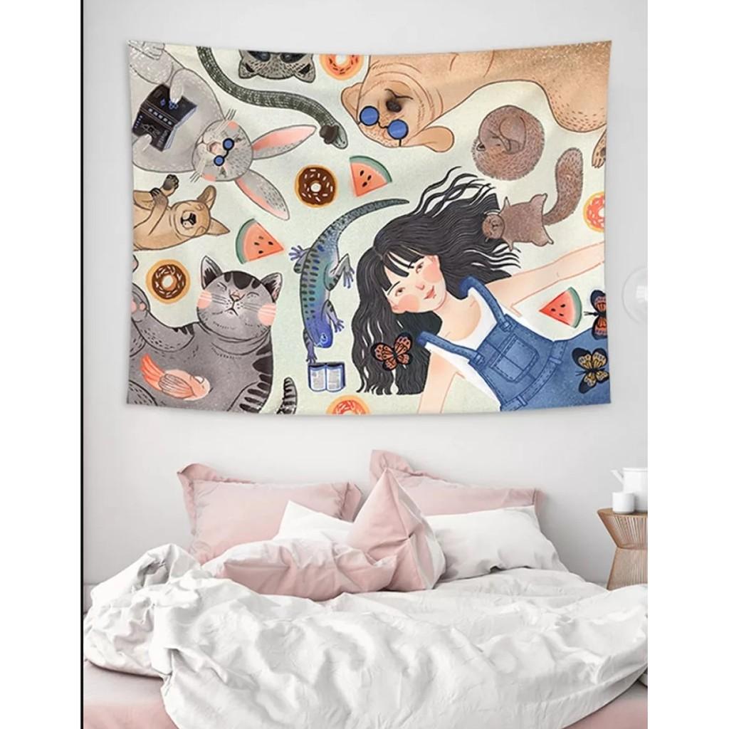 Tranh vải treo tường Decor phòng ngủ phong cách vintage, tấm thảm treo tường dễ thương