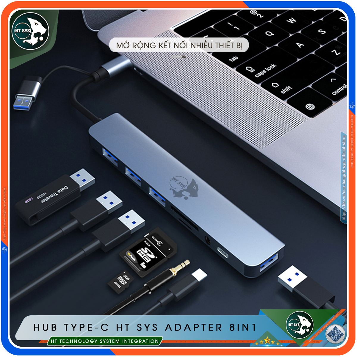 Hub Type C Và Hub USB 3.0 HT SYS Adapter 8in1 - Cổng Chia USB Mở Rộng Kết Nối Tốc Độ Cao Dành Cho Macbook, Laptop, PC - Hub Chuyển Đổi USB Type-C Hỗ Trợ Sạc Pin, Kết Nối Đa Năng ổ Cứng, Bàn Phím, Chuột, Máy In, Ổ Chia USB - Hàng Chính Hãng