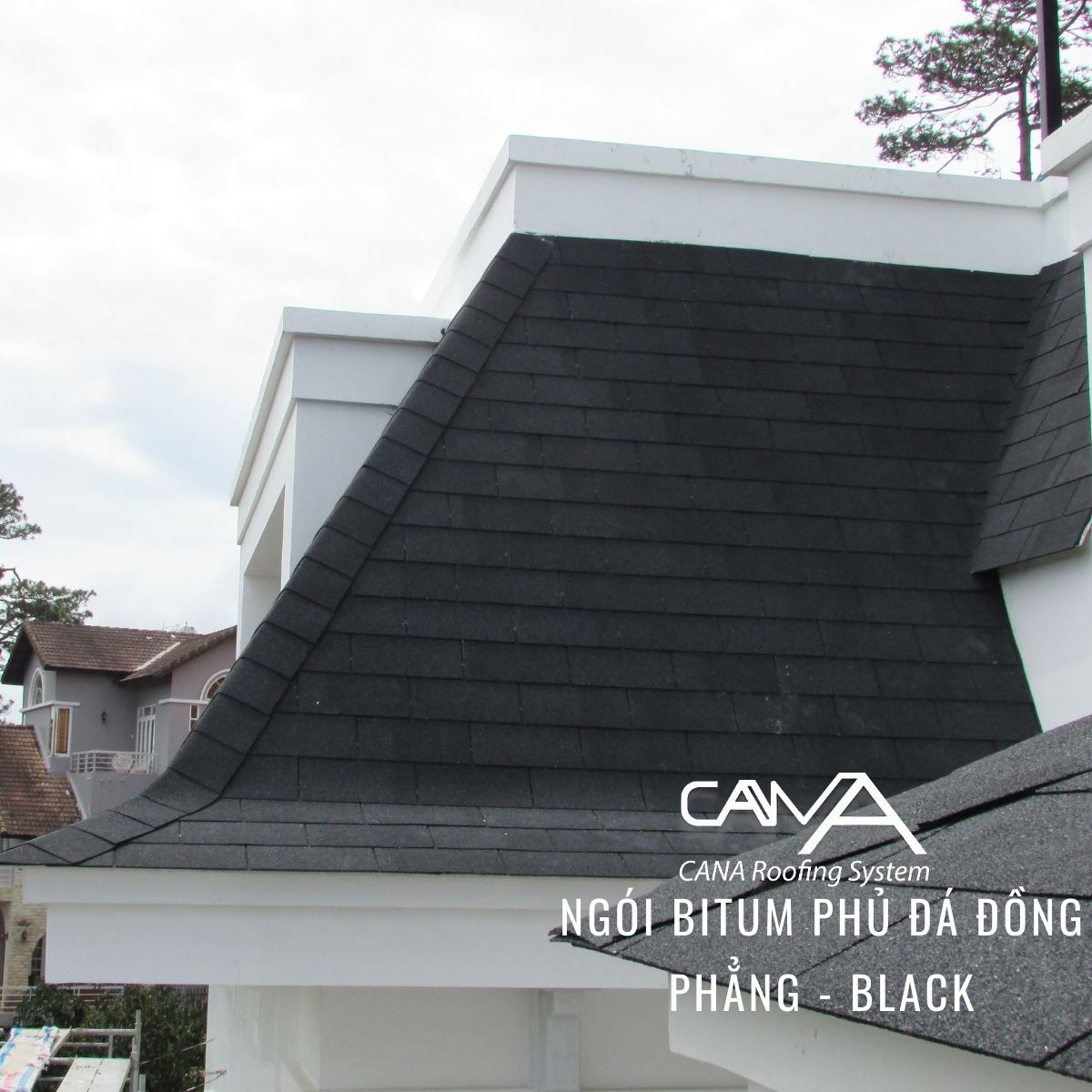 Tấm lợp bitum phủ đá cana đồng phẳng black - tấm nhựa đường phủ đá màu đen viên gạch từ Hàn Quốc chống thấm và trang trí biệt thự, nhà gỗ, bungalow, đóng gói 22 tấm /gói/phủ 3.2m2 mái