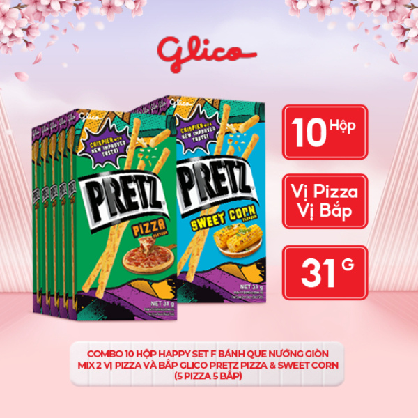 Bánh que nướng giòn mix 2 vị pizza và bắp GLICO Pretz Pizza &amp; Sweet Corn (Combo Happy Set F 5 pizza 5 bắp)