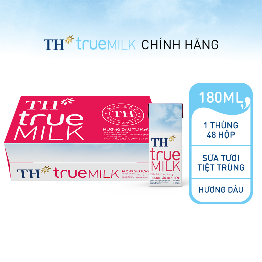 Thùng 48 hộp sữa tươi tiệt trùng hương dâu TH True Milk 180ml (180ml x 48)