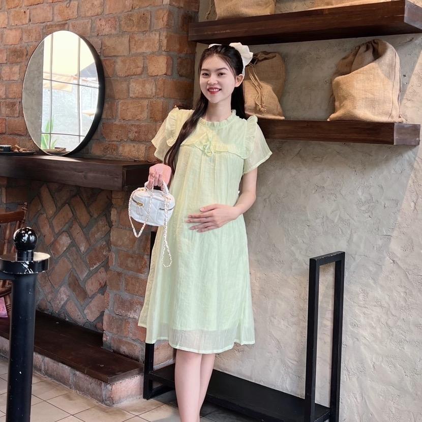 Đầm bầu tơ bèo quanh ngực đính nơ phom suông xinh xắn, đáng yêu - Xanh bơ