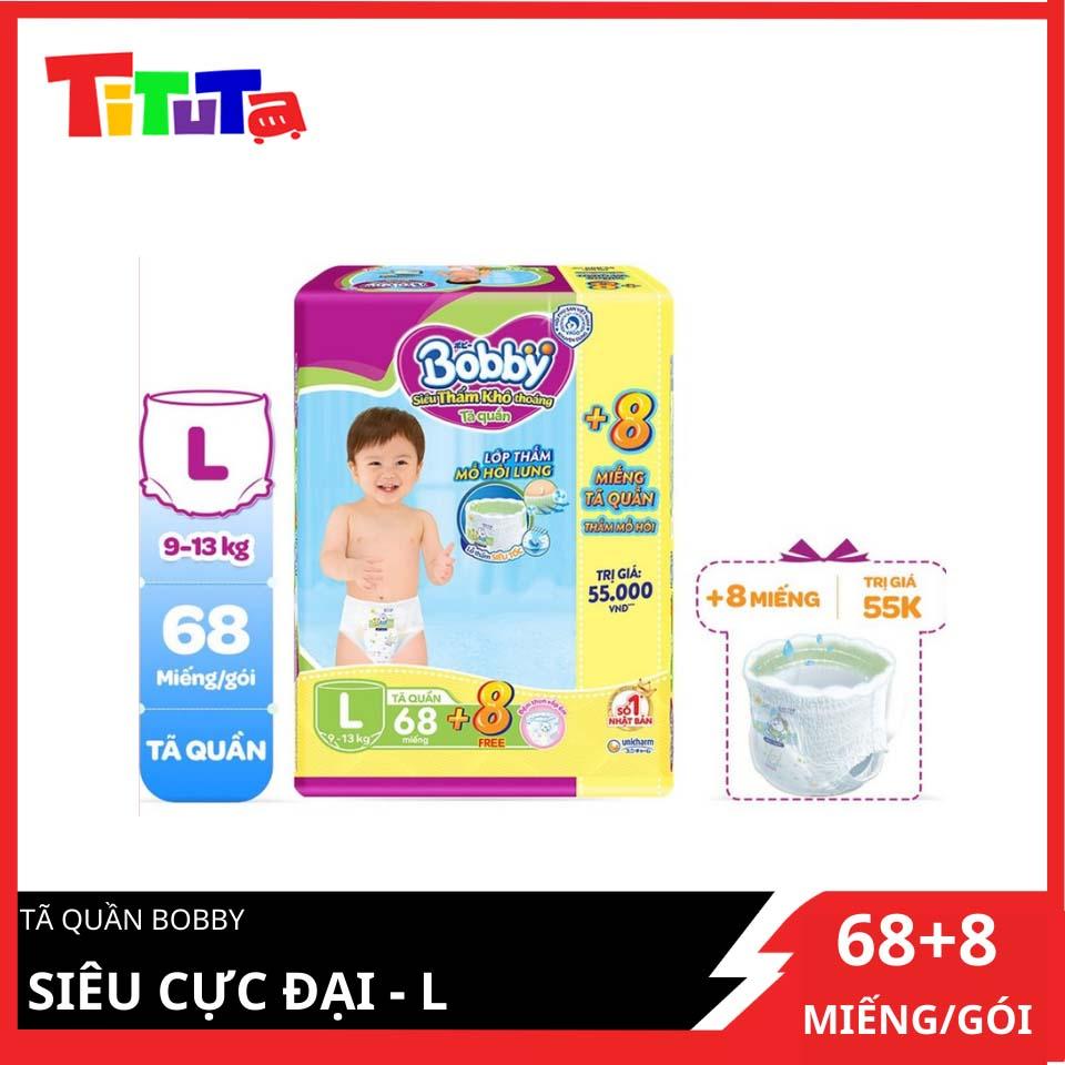 Tã quần Bobby - Đệm Lưng Thấm Mồ Hôi L68 (68 miếng) - Tặng 8 miếng trong gói