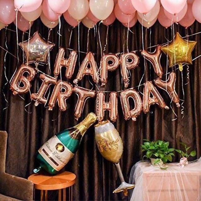 Bộ chữ happy birthday màu rose gold + bóng y hình + tặng bơm tay băng dính