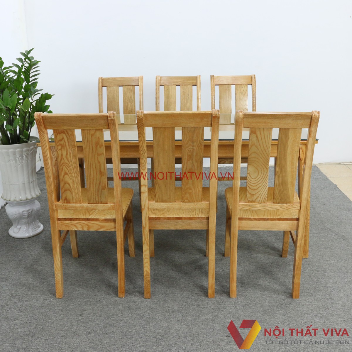 Bộ Bàn Ăn Gỗ Sồi Nga 6 Ghế Lưng Cong Mặt Kính Hiện Đại Đẹp Giá Tốt