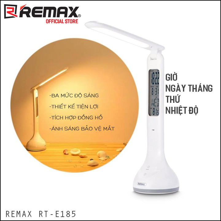 Đèn led để bàn Remax RT-E185 Tích hợp đồng hồ và bảo vệ mắt - Hàng nhập khẩu