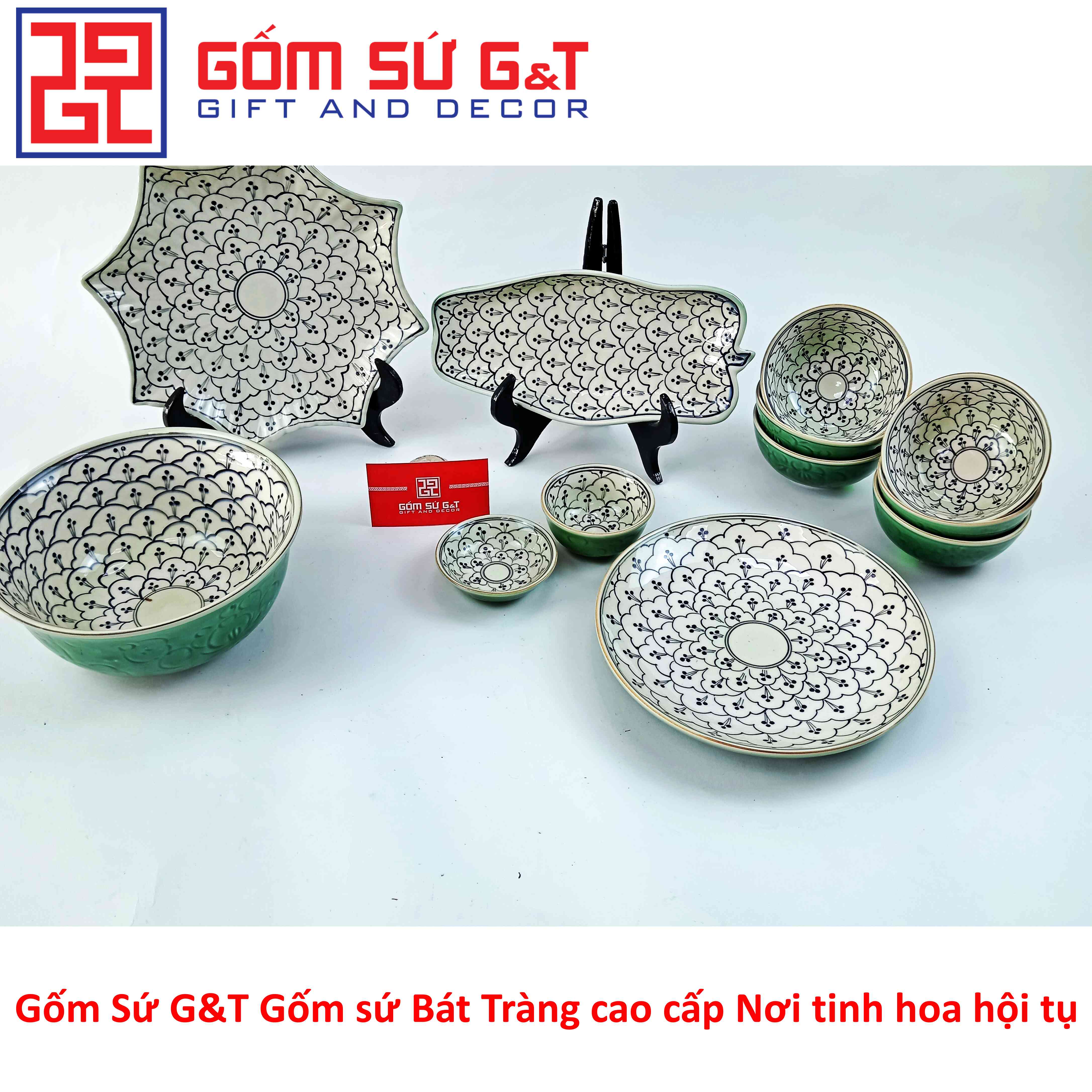 Bộ đồ ăn 6 người men xanh đồng vẽ hoa bèo Gốm Sứ G&T