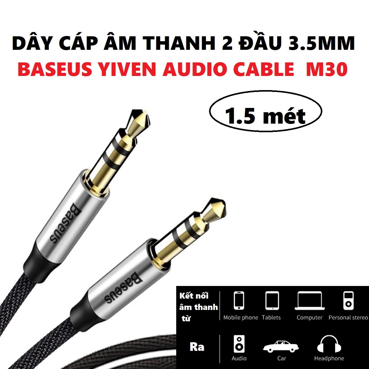 Dây cáp âm thanh 2 đầu 3.5mm Baseus Yiven Audio Cable M30 150cm  - Hàng chính hãng - Đen1,5 mét