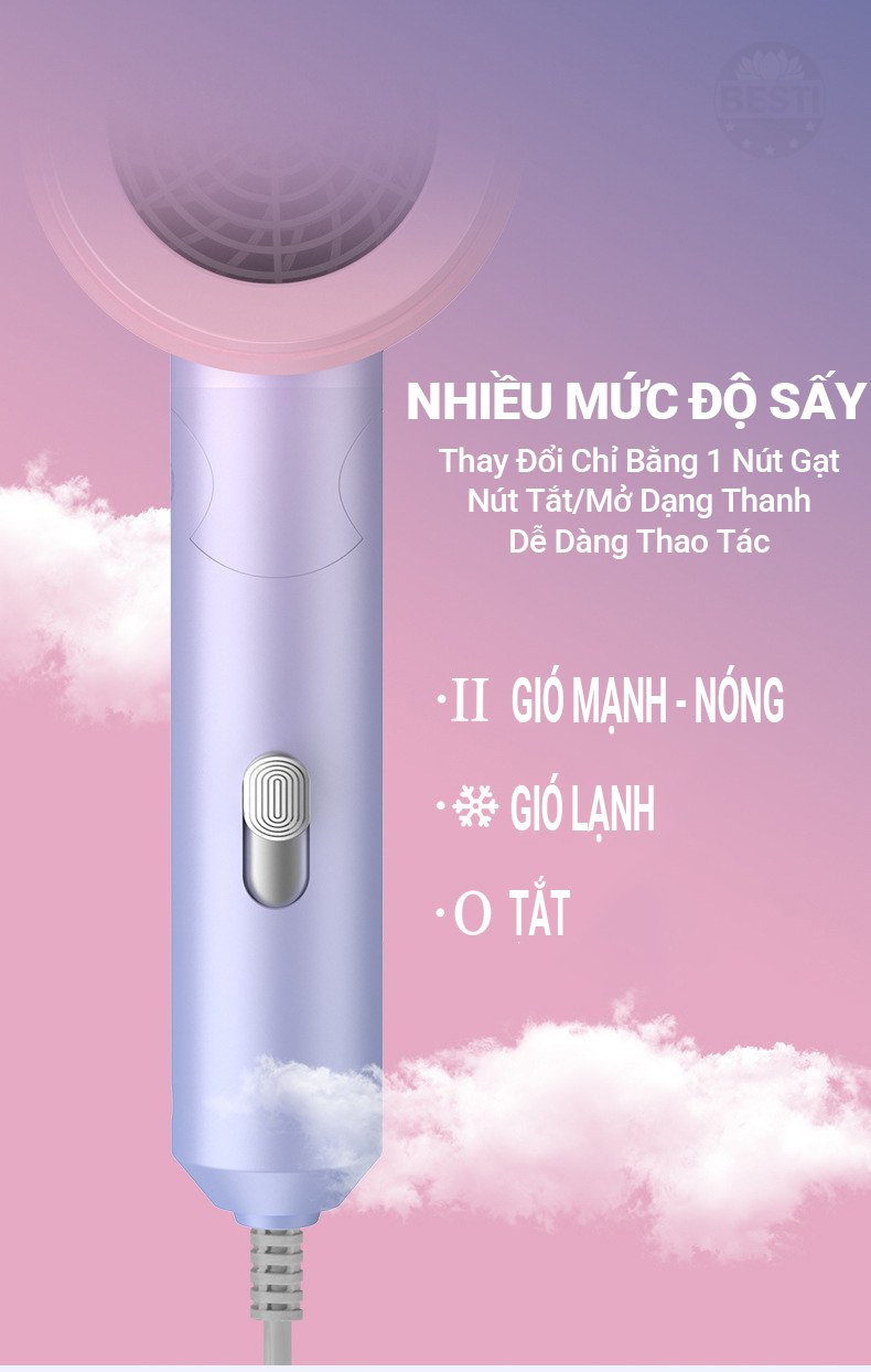 Máy Sấy Tóc Mini Gấp Gọn Besti Cao Cấp, Công Suất Lớn, Động Cơ Êm Ái, Ổn Định, Tặng Đầu Sấy Tạo Kiểu Tóc Chuyên Nghiệp - Hàng Chính Hãng