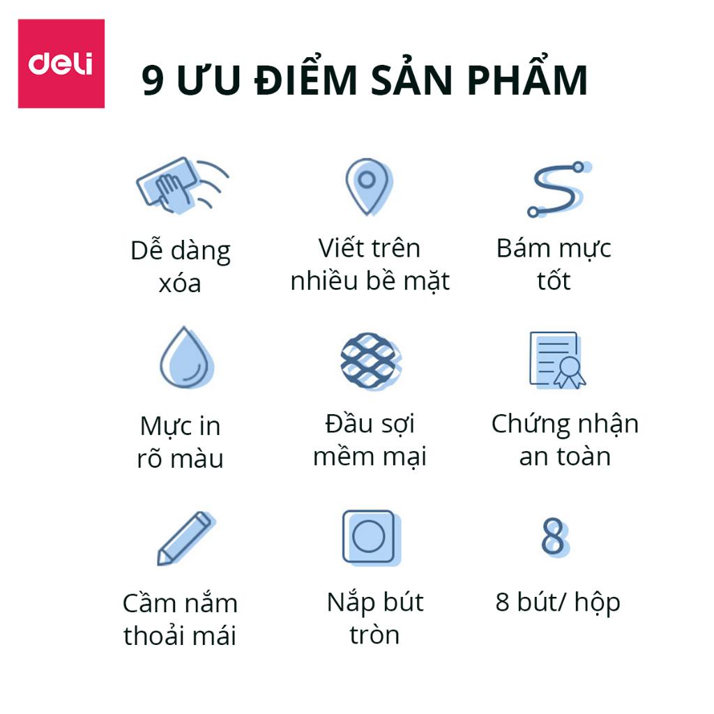 Set Bút lông Deli  viết trên nhiều bế mặt nhiều màu, bút dạ viết bảng trắng 8 màu xoá được cao cấp S514