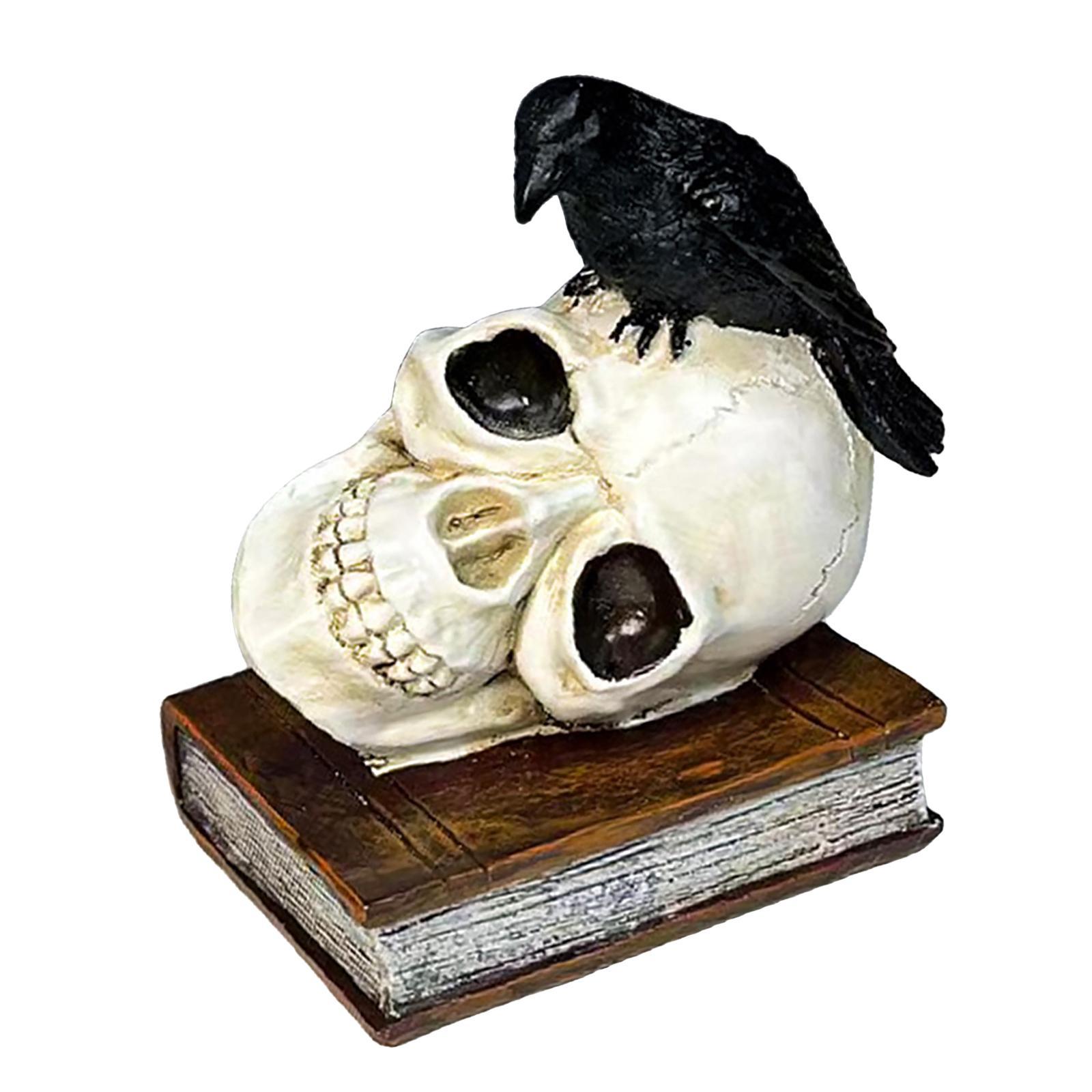Perched Raven on Skull and Book Statue Ornament for Halloween Desktop Coffee