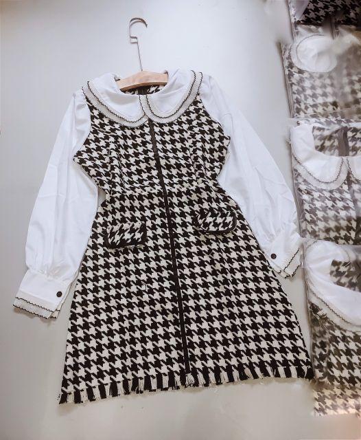 ĐẦM DẠ CARO CỔ SEN PHỐI TÚI