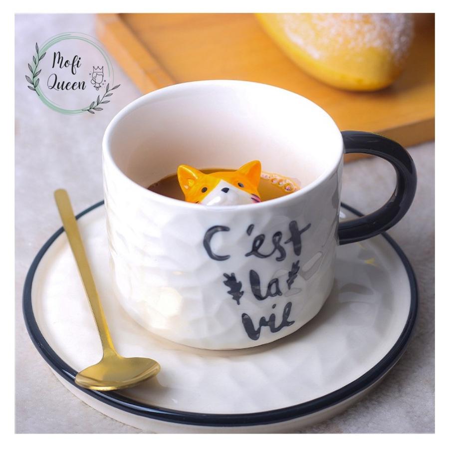 Ly sứ có tượng mèo bên trong cute, Ly sứ hinh mèo uống nước, Quà lưu niệm