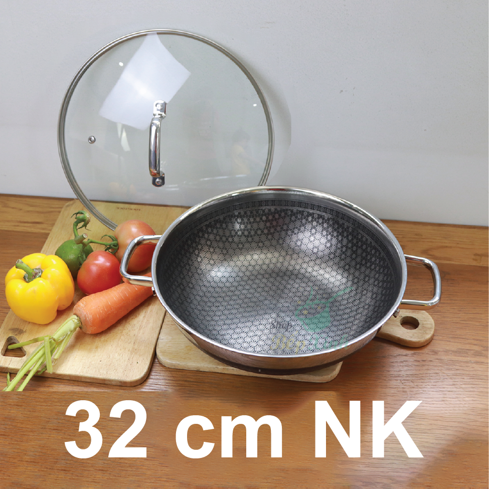 Chảo xào inox 304 cao cấp KimsCook NOONSONG 2 quai 32cm chống dính 2 mặt 3 lớp đúc liền đáy từ nắp kính - tặng 1 sạn inox