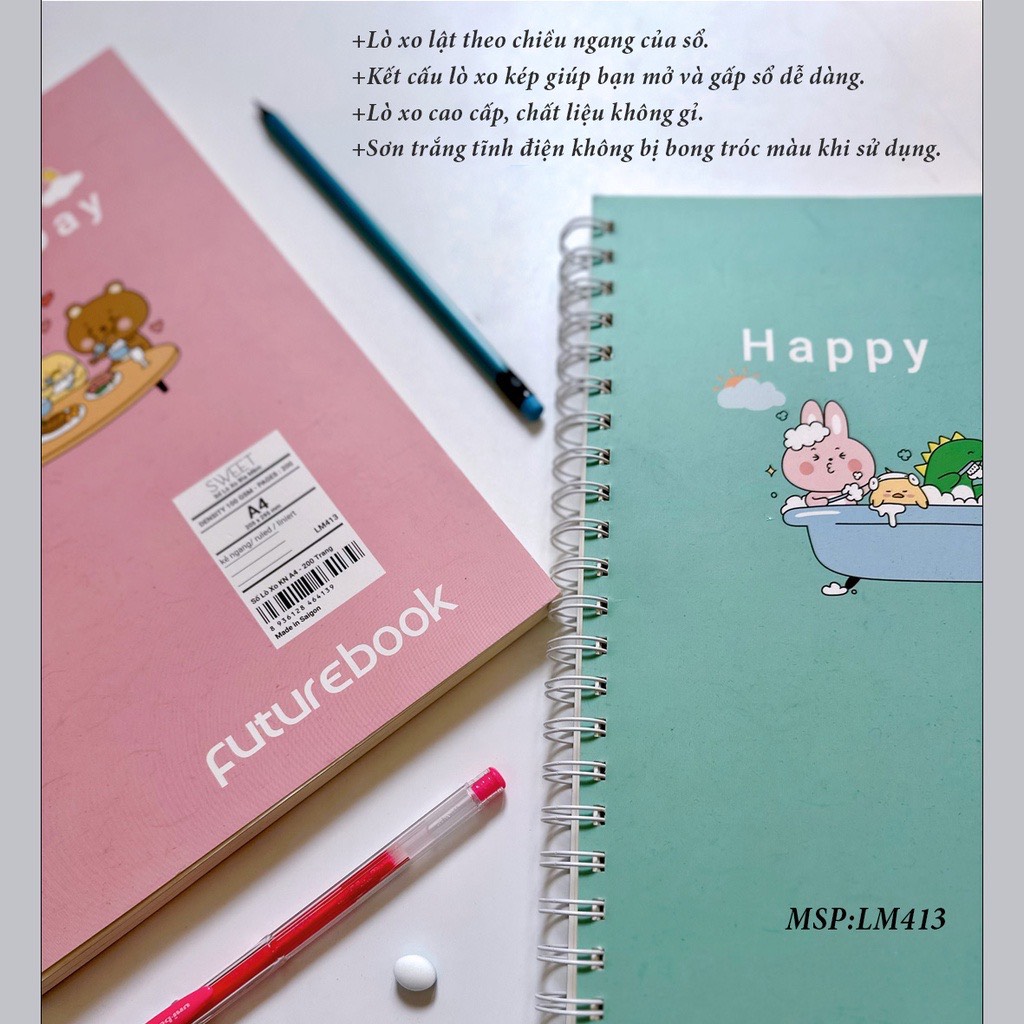 FUTUREBOOK - Sổ Lò Xo Bìa Mềm Happy Day A4_Dòng Kẻ Ngang_200Trang_Định Lượng 100Gsm. MÃ SP LM413