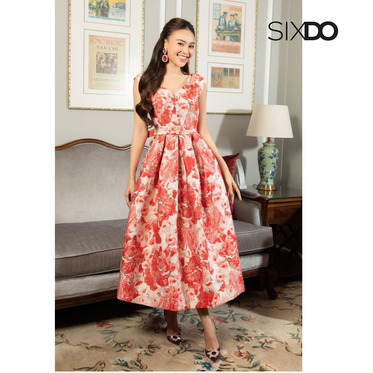 Đầm gấm midi cổ V kèm đai sang trọng thời trang SIXDO